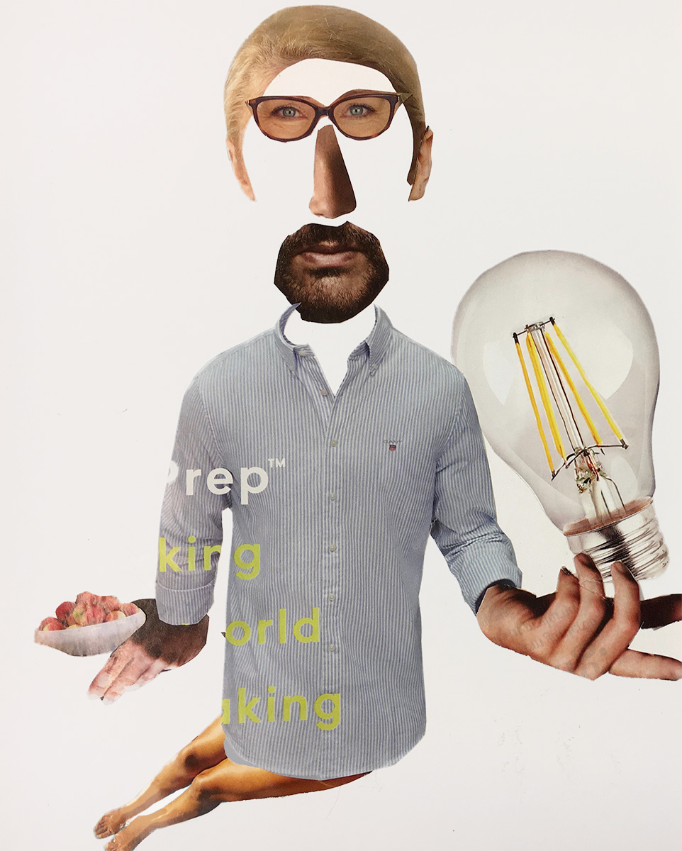 Ett collage som föreställer en gubbe med en glödlampa i handen.