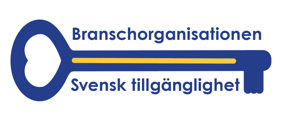 Blå och gul logga till Branschorganisationen Svensk Tillgänglighet i form av en nyckel. Grafisk design där hjärtat symboliserar värme och medmänsklighet och nyckeln gör samhället tillgängligt för fler.